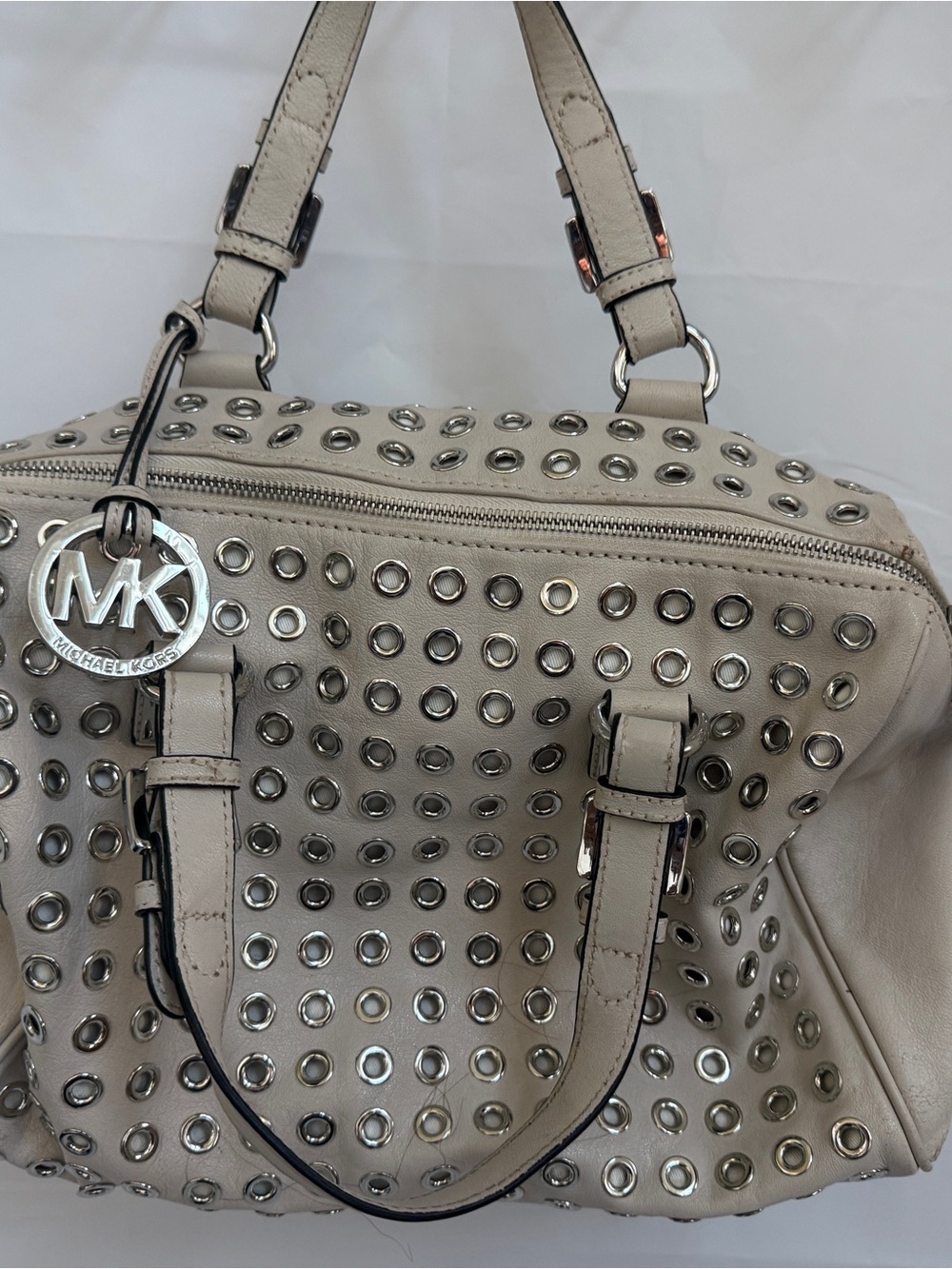 Michael Kors Taupe Leather Shoulder Bag with Silver Grommets